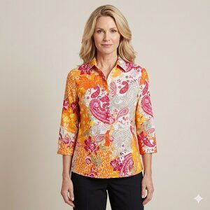 Chico's Size 0 S Paisley Floral Mixed Print Button Down 3/4 Sleeve Shirt NWT